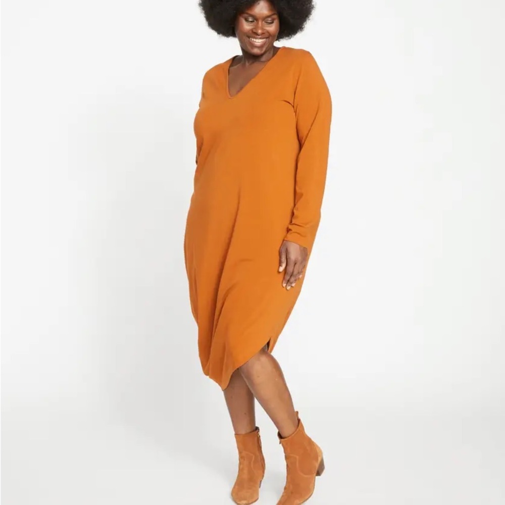 UNIVERSAL STANDARD ICONIC GENEVA V-NECKLINE DRESS ( SZ 10-12 ) CARAMEL CAFE - Picture 4 of 11